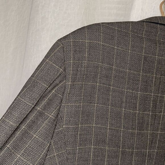 MANI SAKS 44L Brown Plaid Mini Houndstooth Pure Virgin Wool Blazer Jacket - Picture 8 of 15
